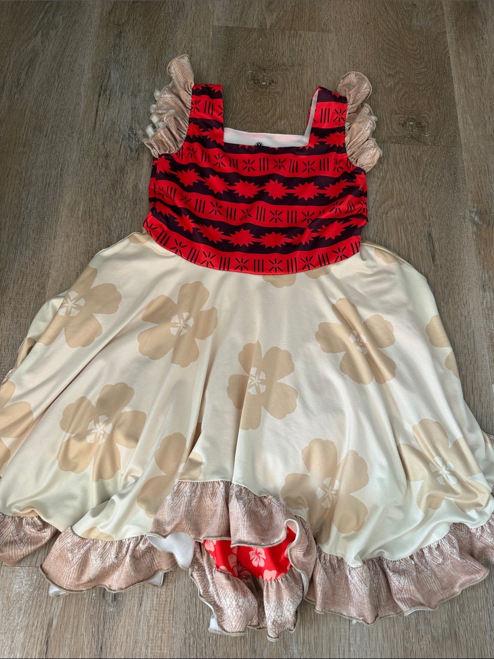 Girls Red and Cream Floral Luau Dress with Shimmery Ruffle